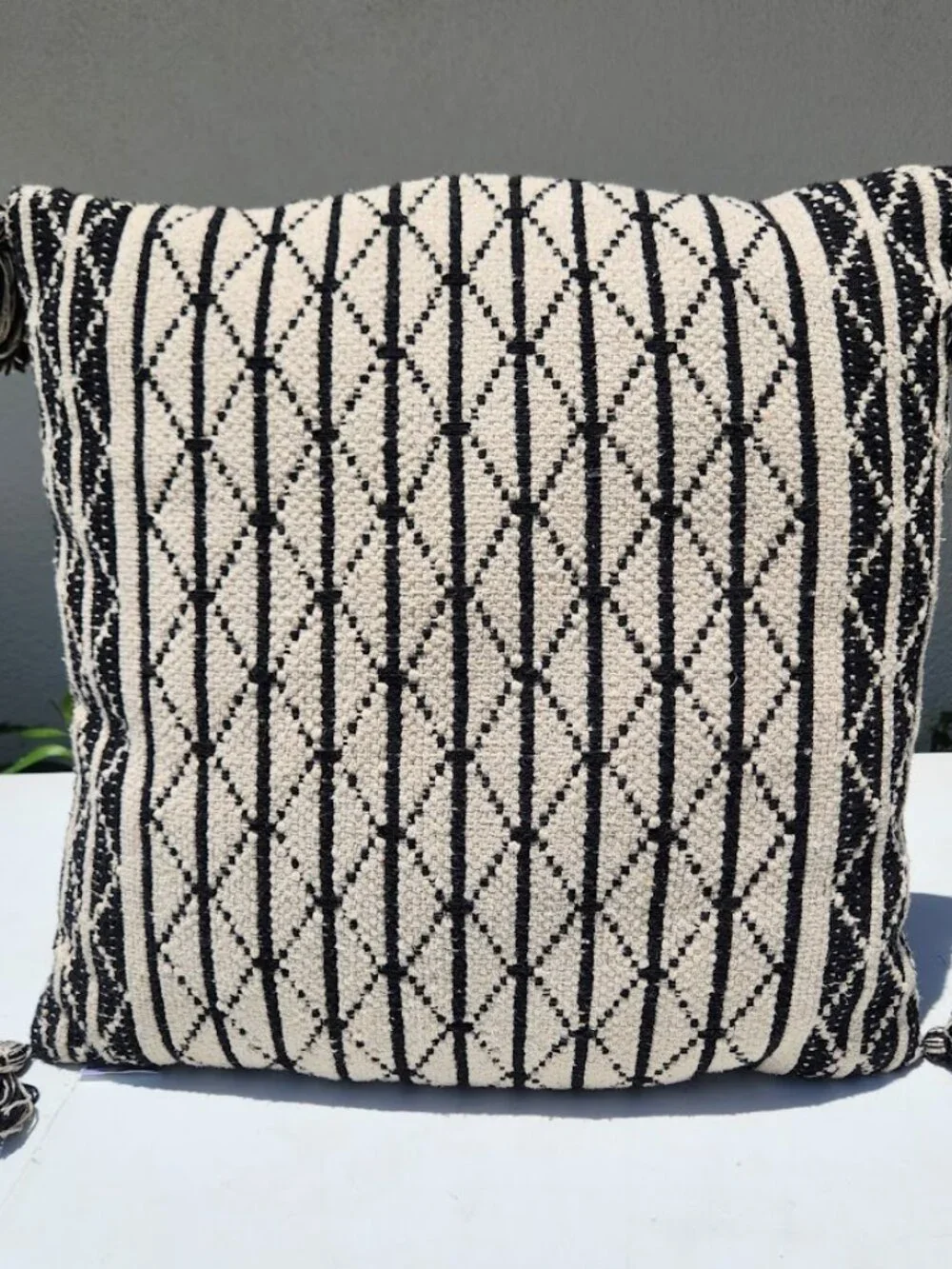 Hand Woven Geometric Accent Throw Pillow Creme Black Off White with Tassels 21